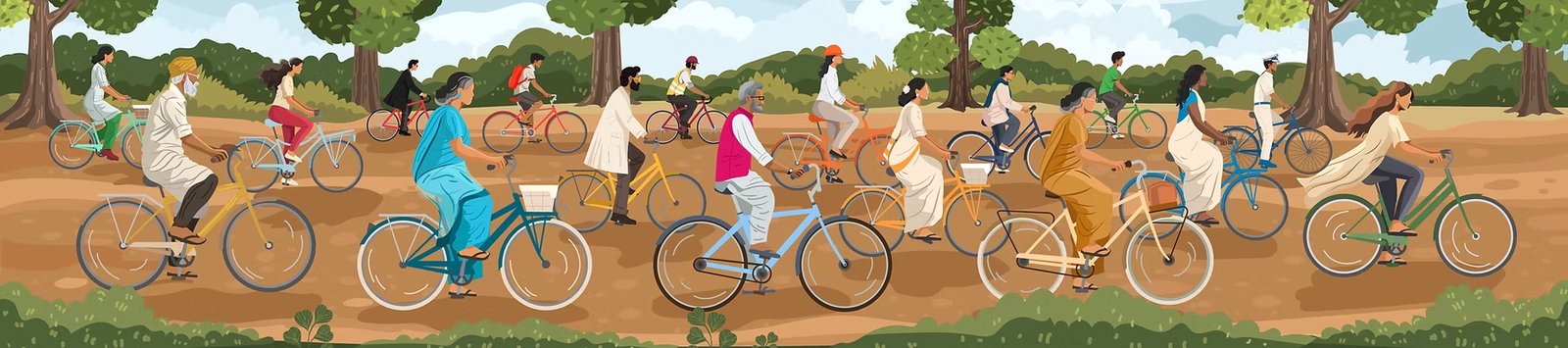 Illustration of the 17 Climate Week Personalities riding bicycles