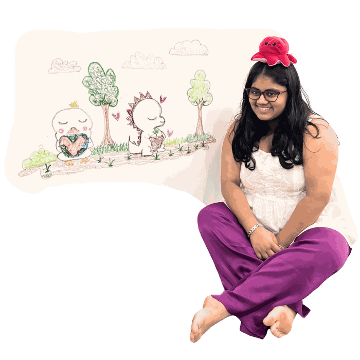 A young participant beside her climate illustration